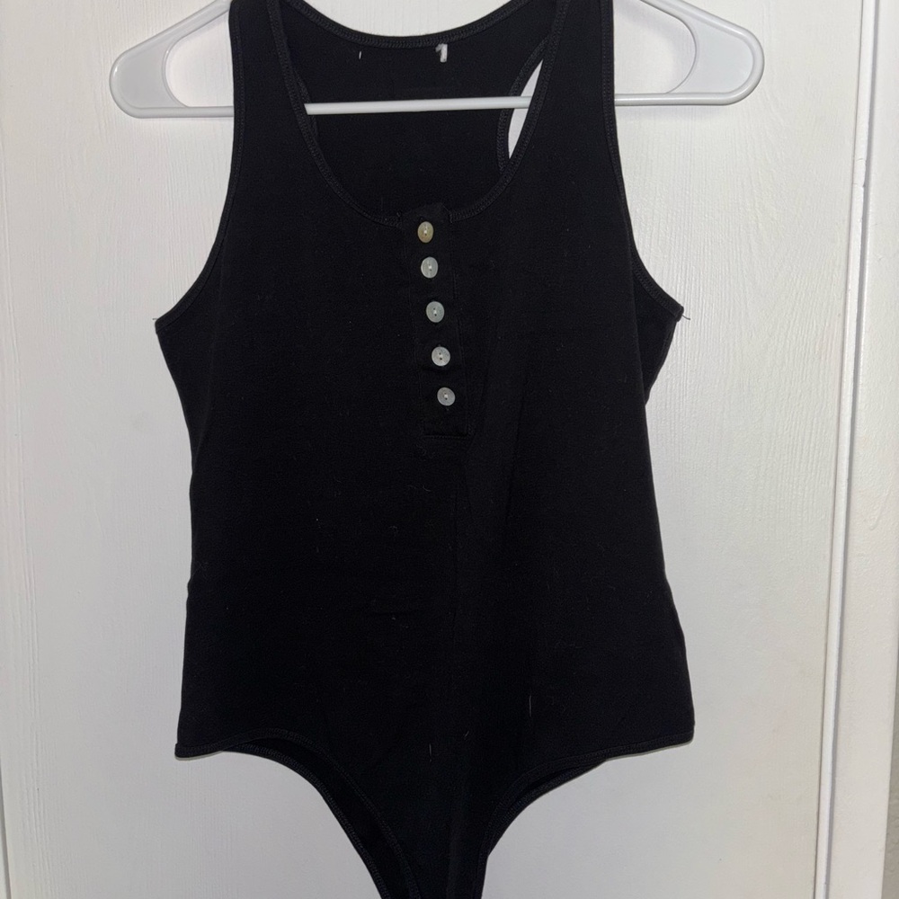 Black Sleeveless Bodysuit with Button Detail
